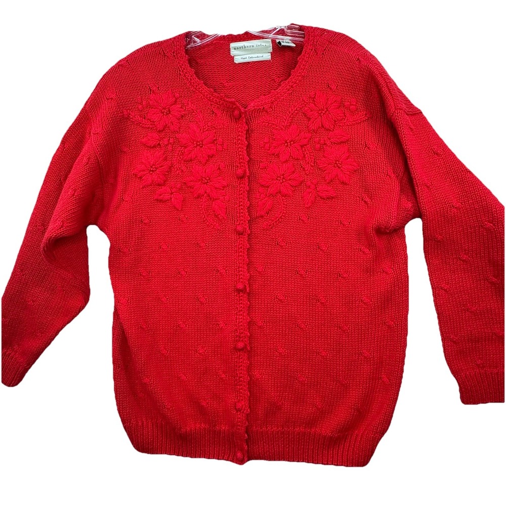 Vintage Northern Isles Sweater Women XL Hand Knit Poinsettias Christmas Cardigan